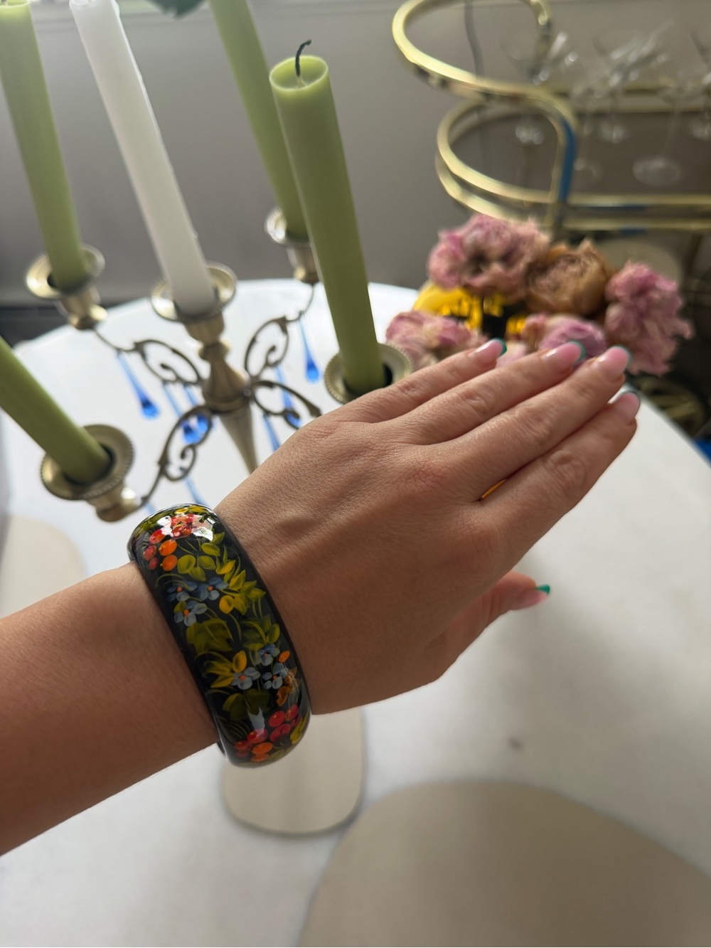 Floral Black Resin Bangle Bracelet - Hand-Painted in Ukraine Flower Design
